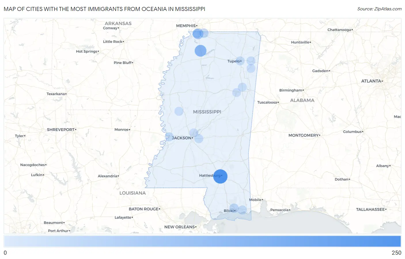 Cities with the Most Immigrants from Oceania in Mississippi Map