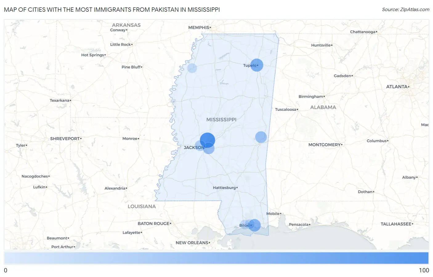 Cities with the Most Immigrants from Pakistan in Mississippi Map