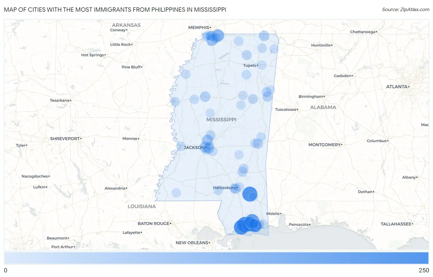 Cities with the Most Immigrants from Philippines in Mississippi Map