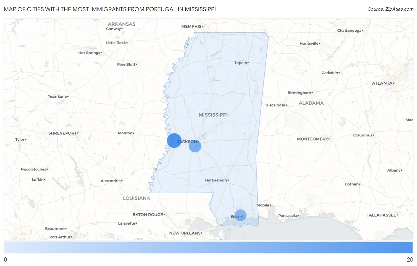 Cities with the Most Immigrants from Portugal in Mississippi Map