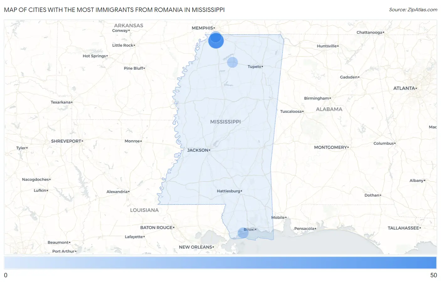 Cities with the Most Immigrants from Romania in Mississippi Map