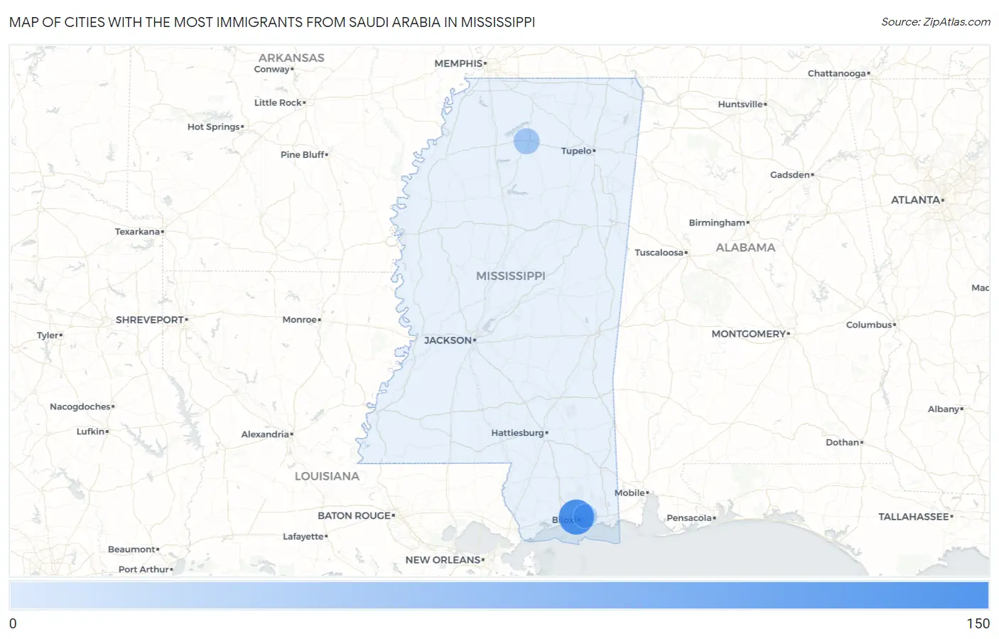 Cities with the Most Immigrants from Saudi Arabia in Mississippi Map