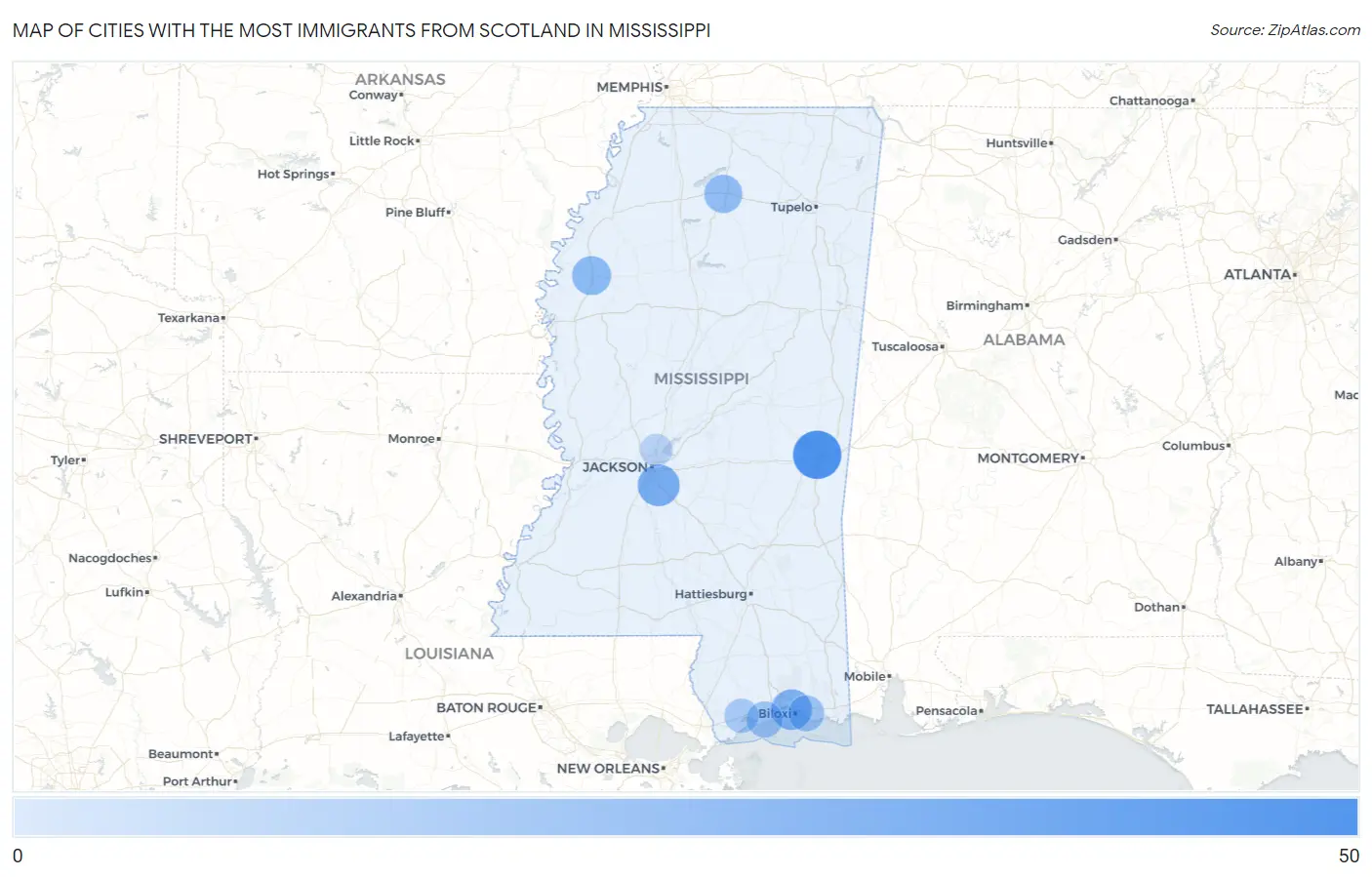Cities with the Most Immigrants from Scotland in Mississippi Map
