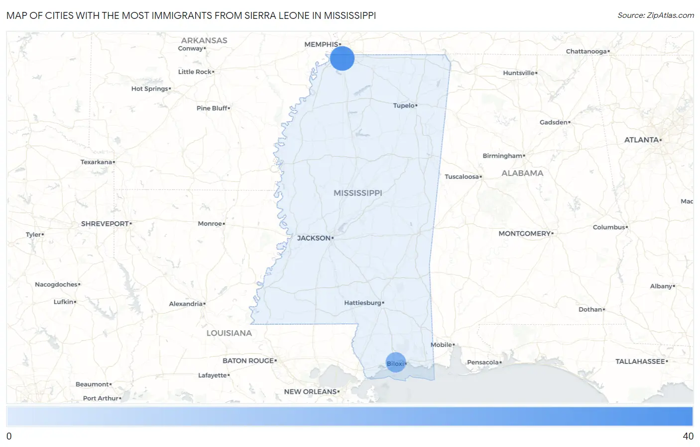 Cities with the Most Immigrants from Sierra Leone in Mississippi Map
