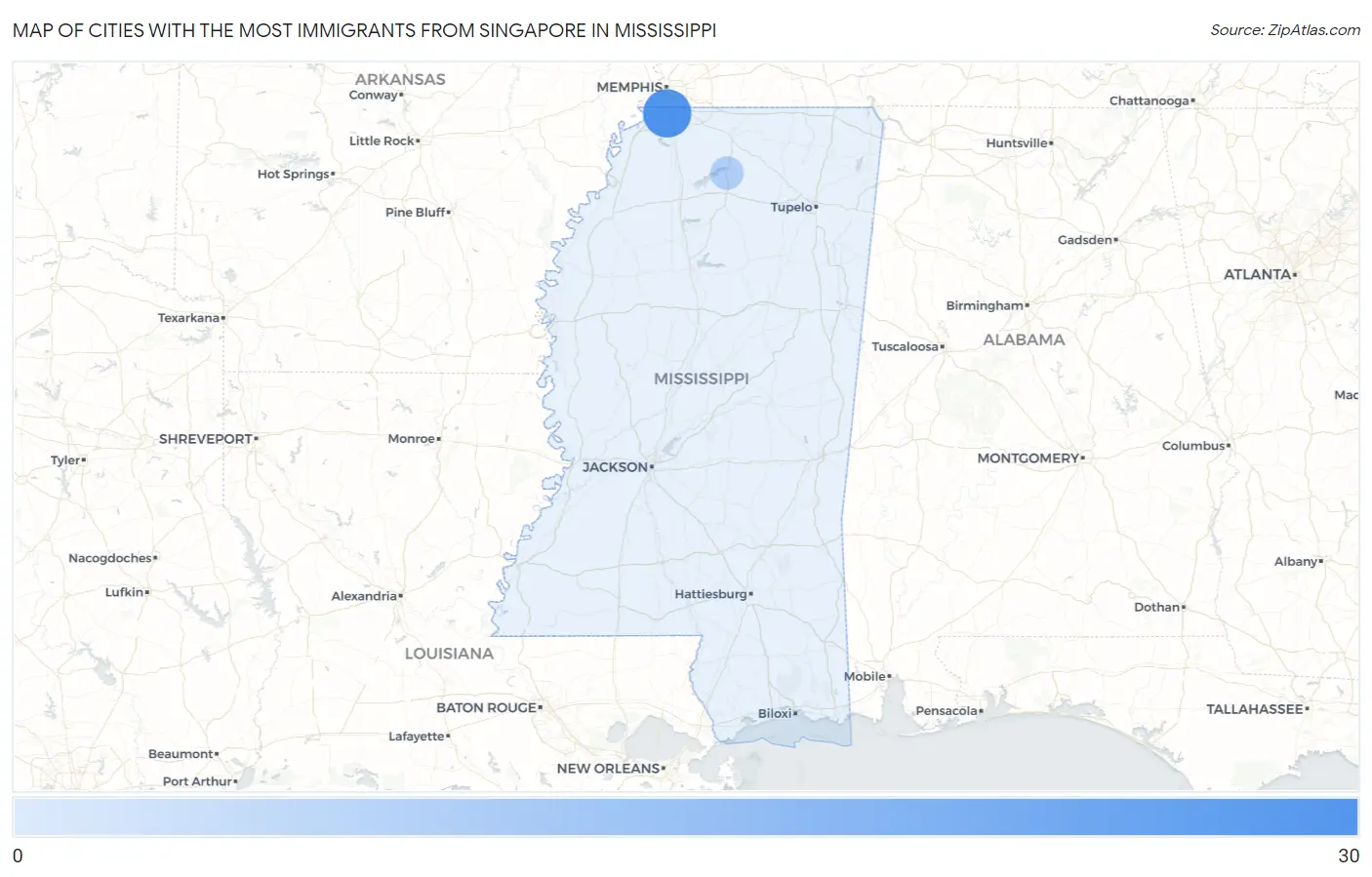 Cities with the Most Immigrants from Singapore in Mississippi Map