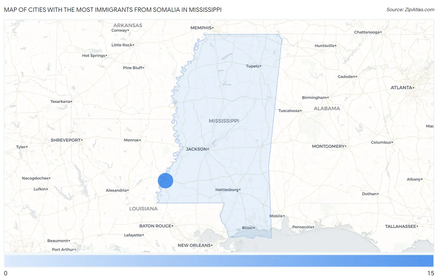 Cities with the Most Immigrants from Somalia in Mississippi Map