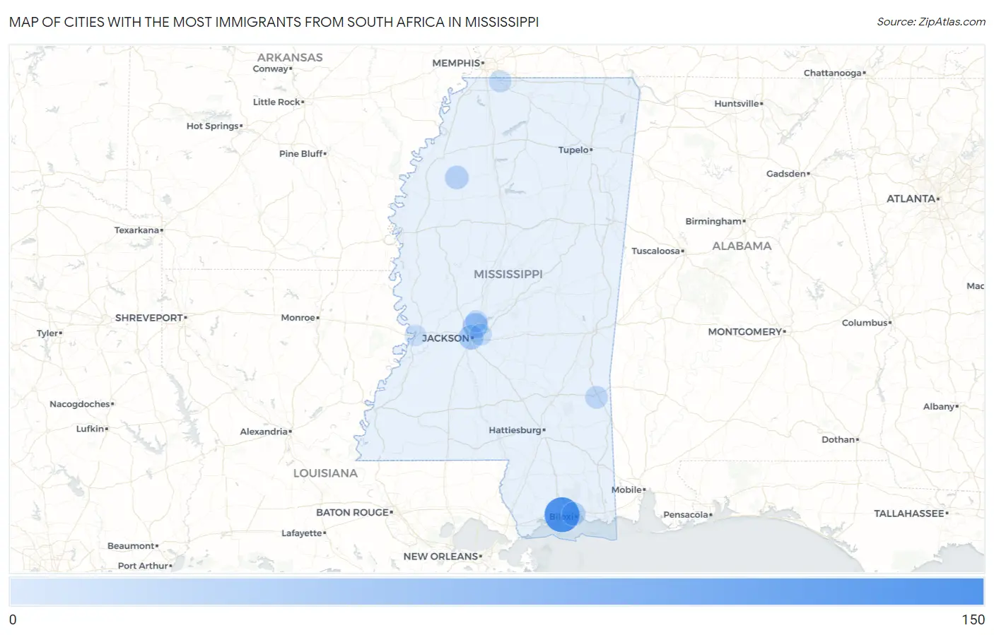 Cities with the Most Immigrants from South Africa in Mississippi Map