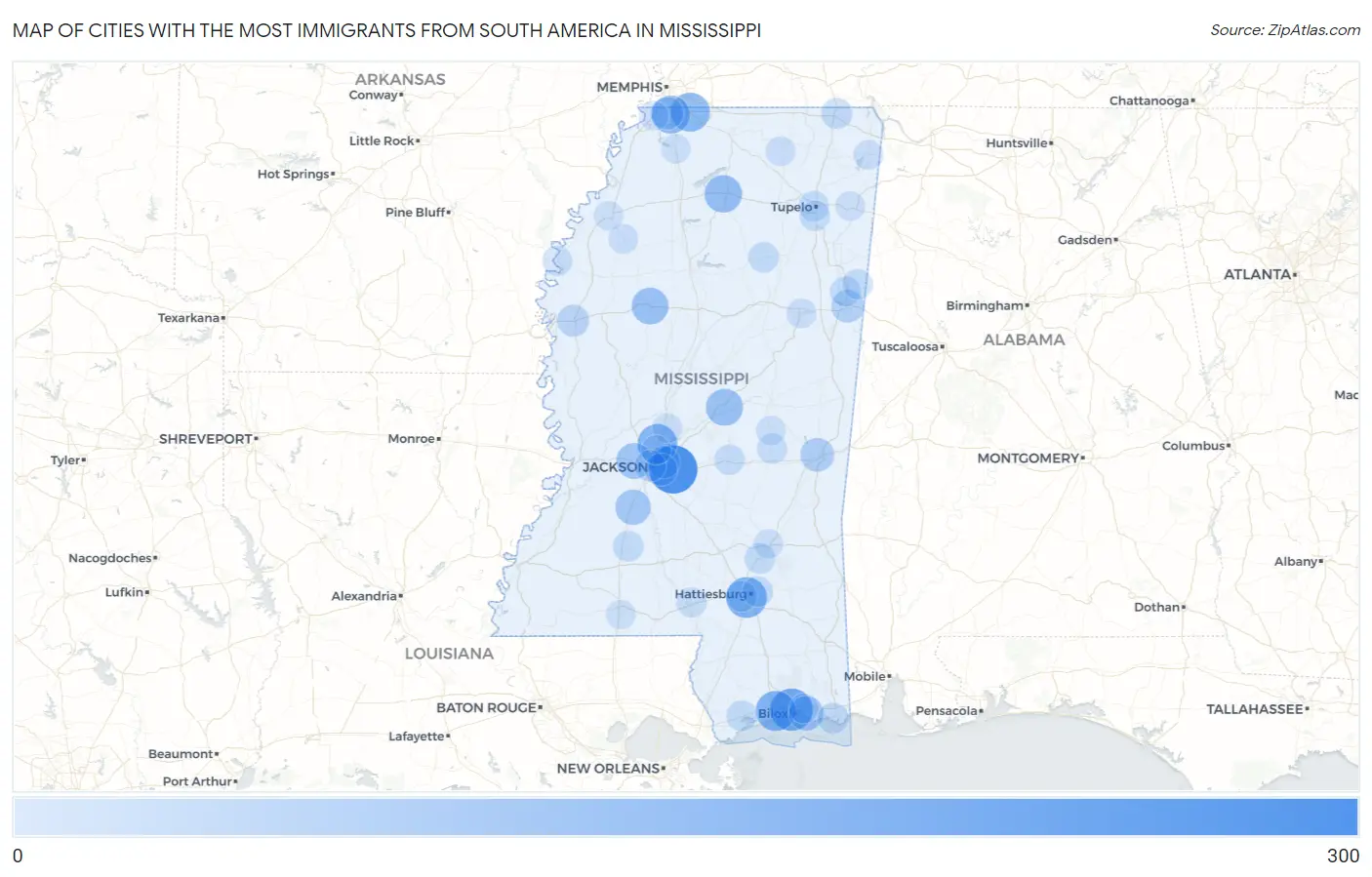 Cities with the Most Immigrants from South America in Mississippi Map