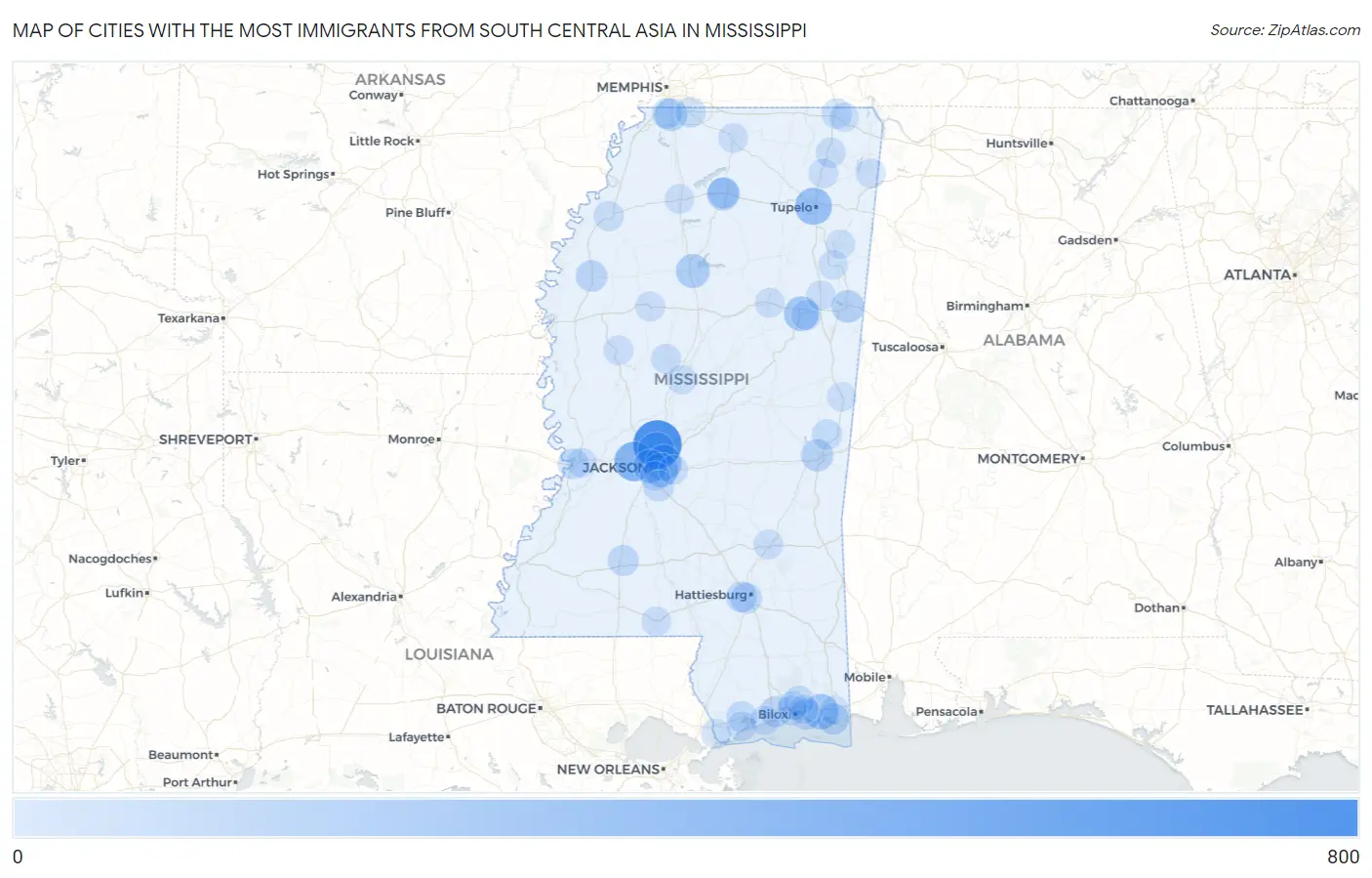 Cities with the Most Immigrants from South Central Asia in Mississippi Map