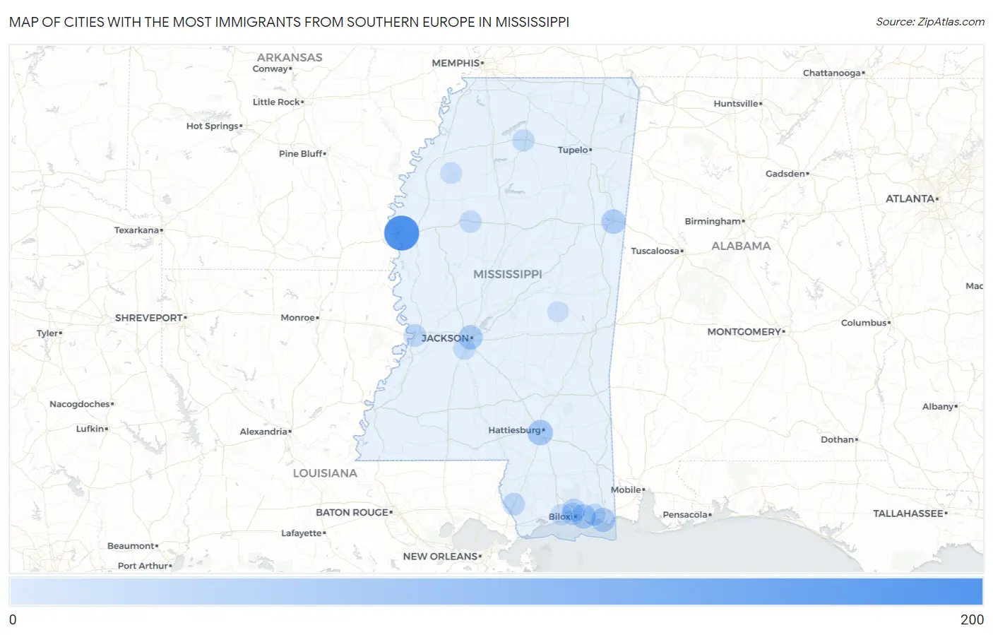 Cities with the Most Immigrants from Southern Europe in Mississippi Map