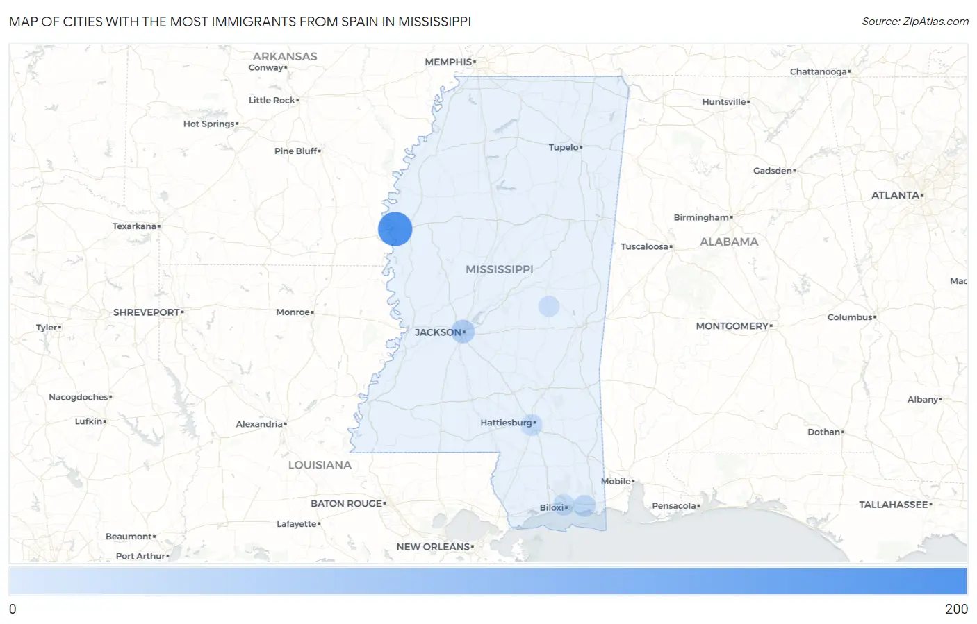 Cities with the Most Immigrants from Spain in Mississippi Map
