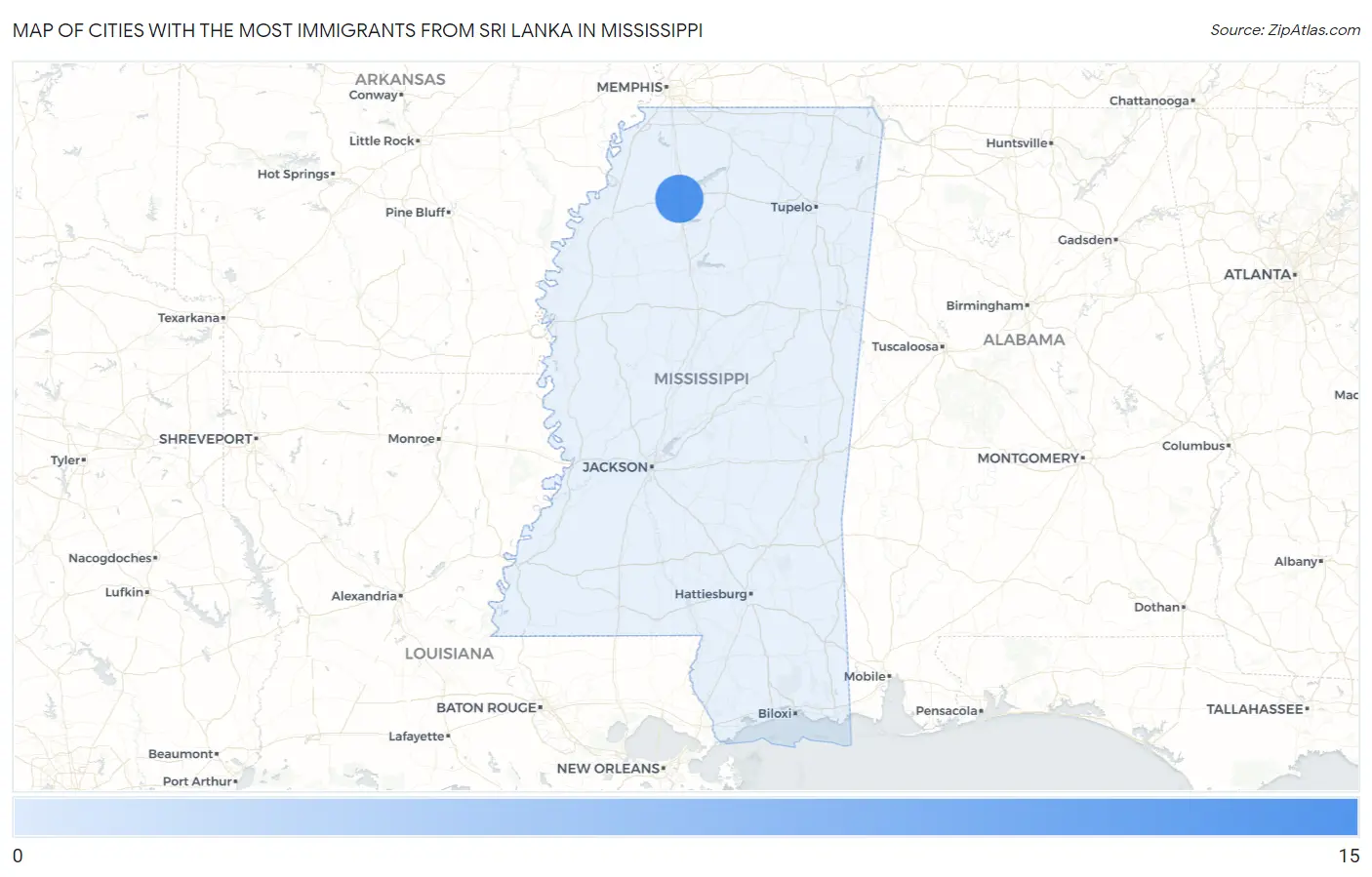 Cities with the Most Immigrants from Sri Lanka in Mississippi Map