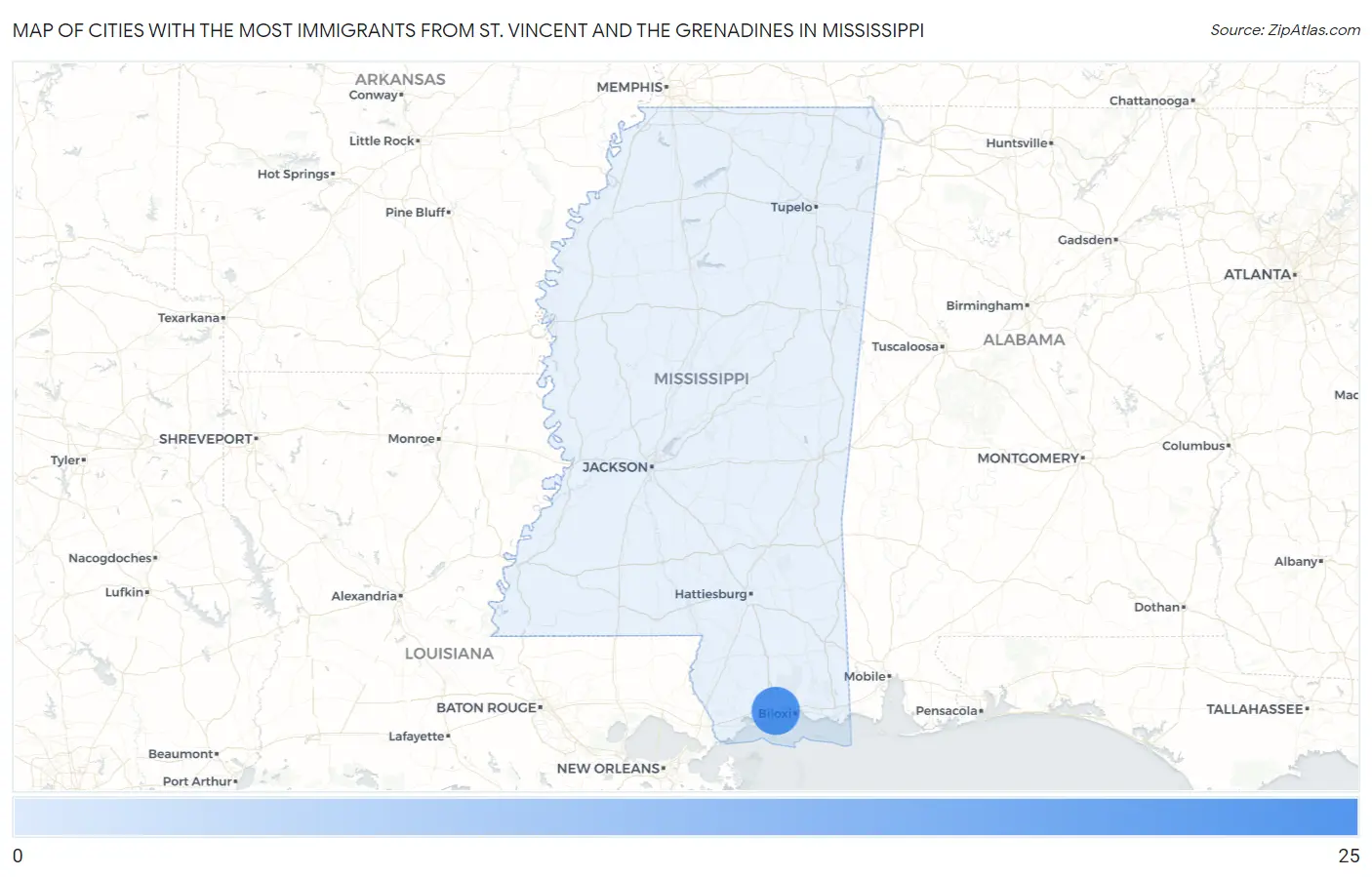 Cities with the Most Immigrants from St. Vincent and the Grenadines in Mississippi Map