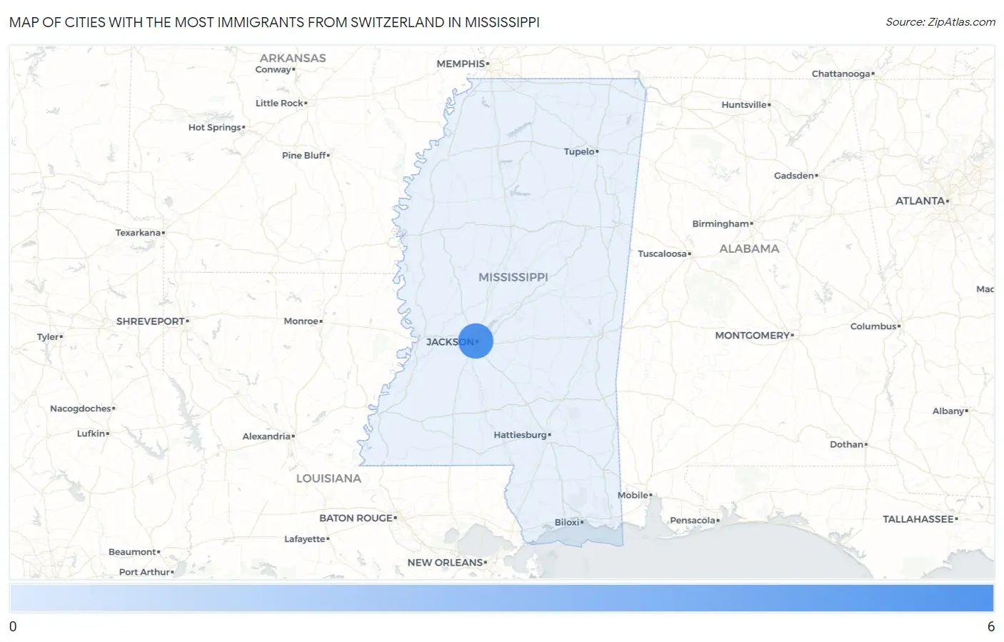 Cities with the Most Immigrants from Switzerland in Mississippi Map