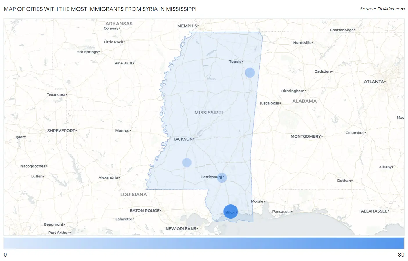 Cities with the Most Immigrants from Syria in Mississippi Map