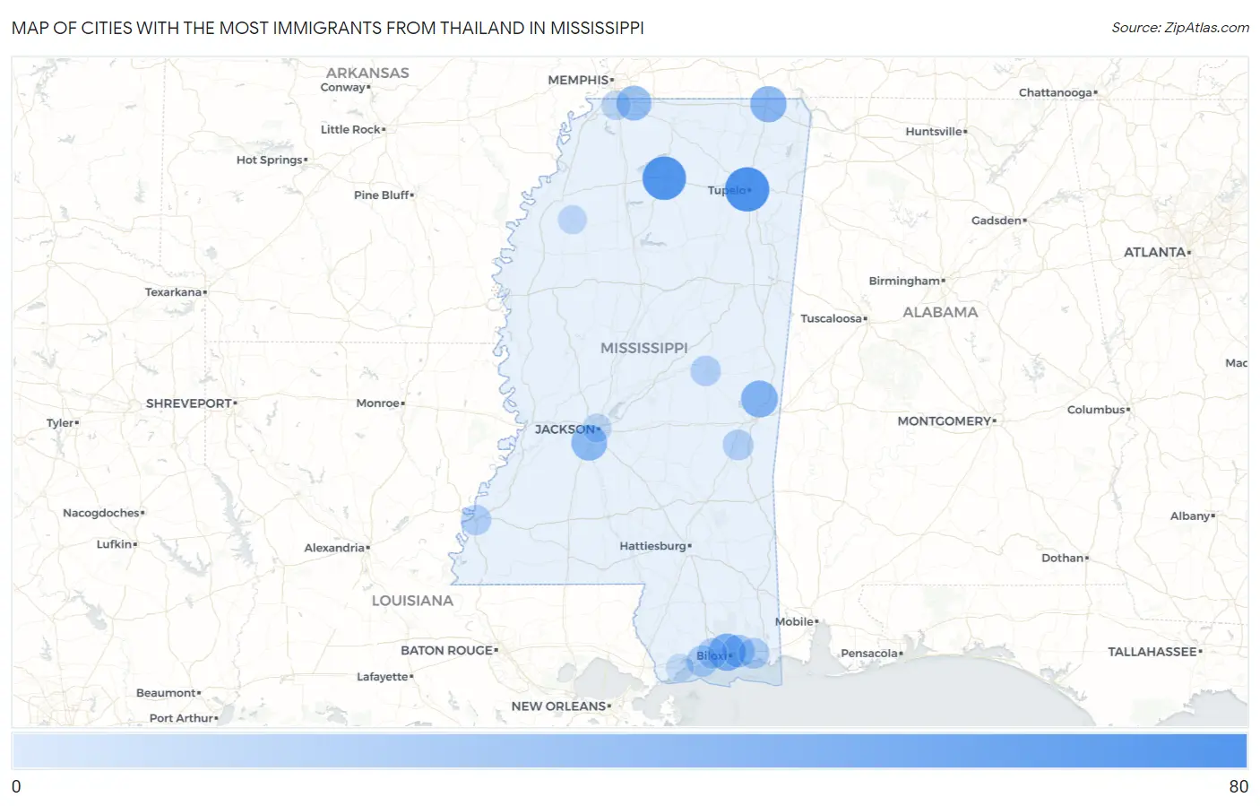 Cities with the Most Immigrants from Thailand in Mississippi Map