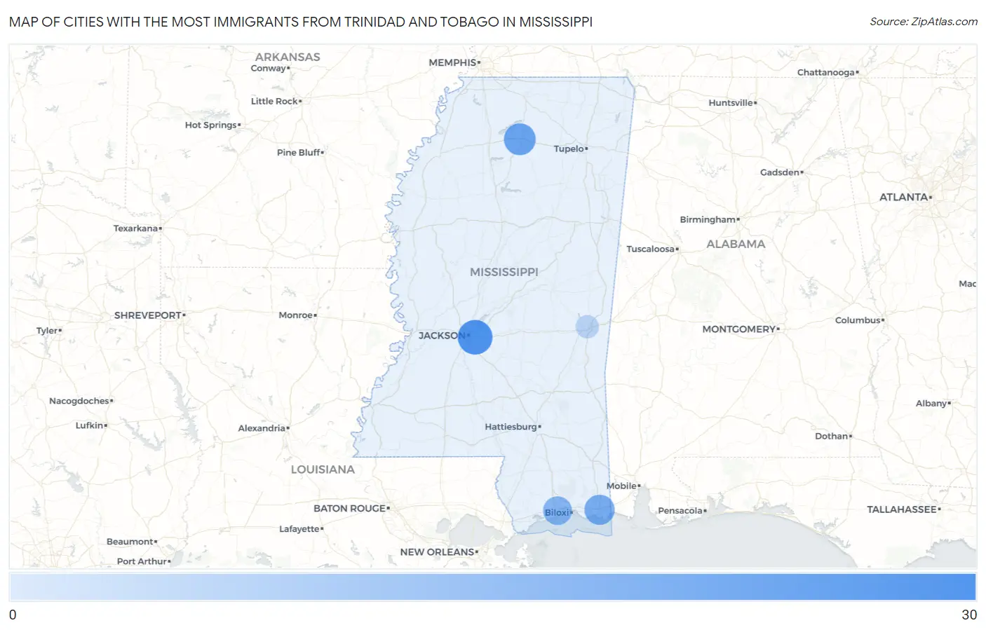 Cities with the Most Immigrants from Trinidad and Tobago in Mississippi Map