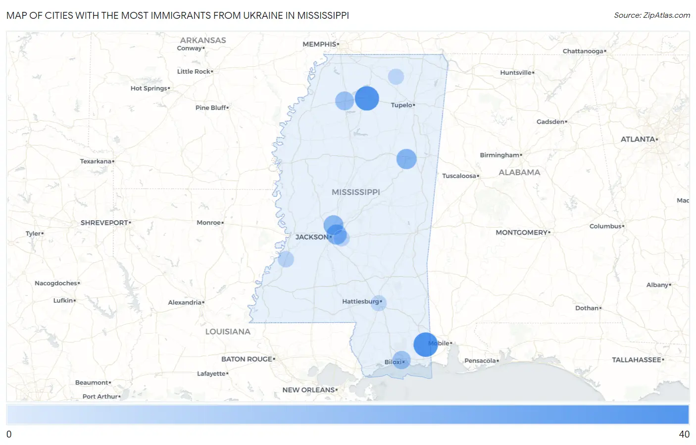 Cities with the Most Immigrants from Ukraine in Mississippi Map
