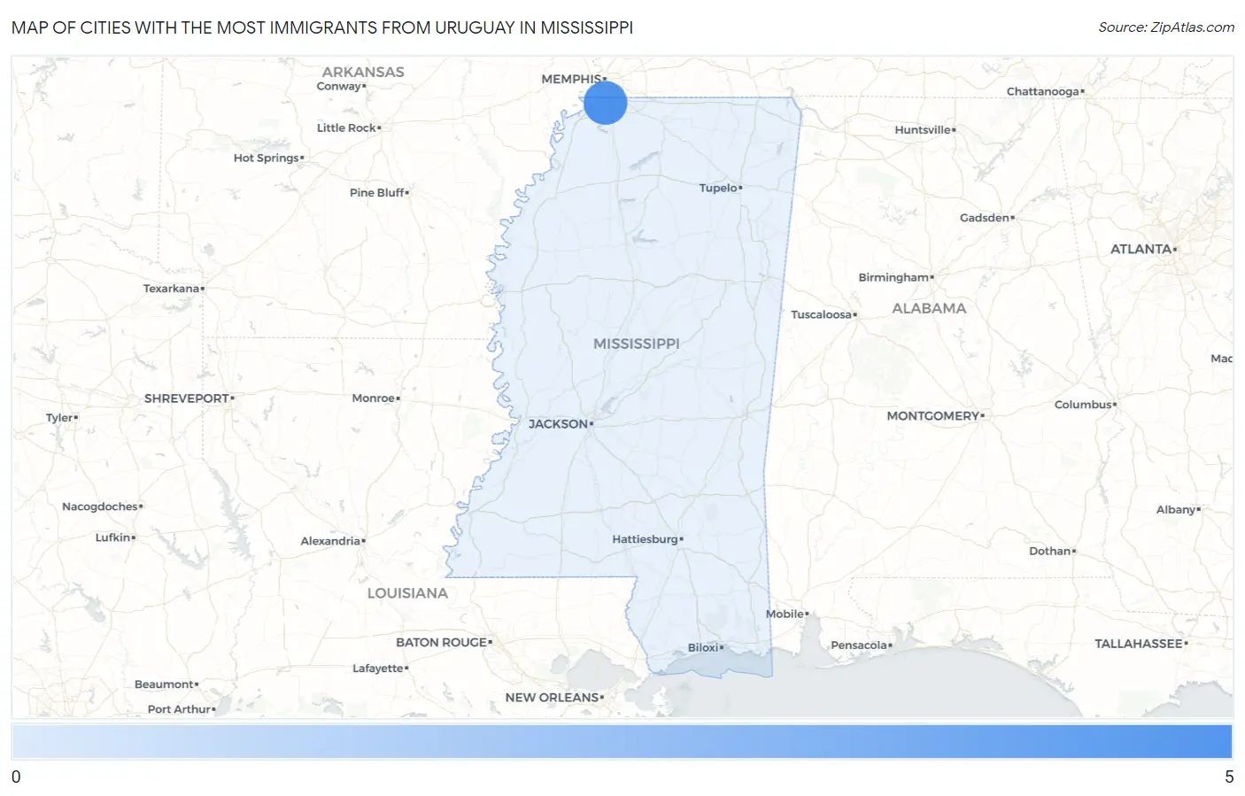 Cities with the Most Immigrants from Uruguay in Mississippi Map