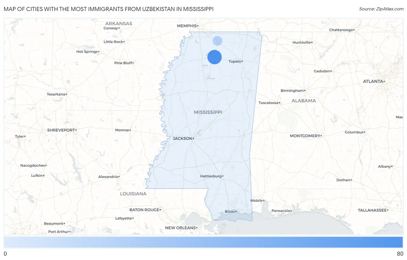 Cities with the Most Immigrants from Uzbekistan in Mississippi Map