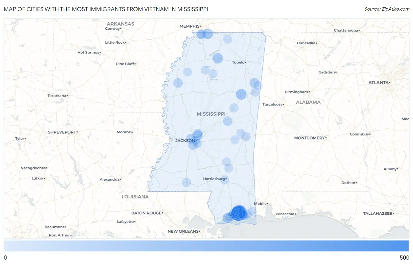 Cities with the Most Immigrants from Vietnam in Mississippi Map