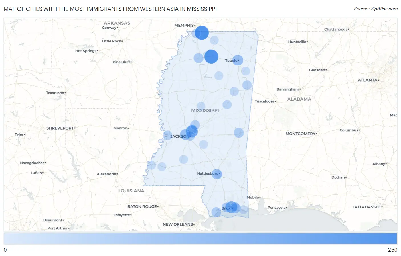 Cities with the Most Immigrants from Western Asia in Mississippi Map