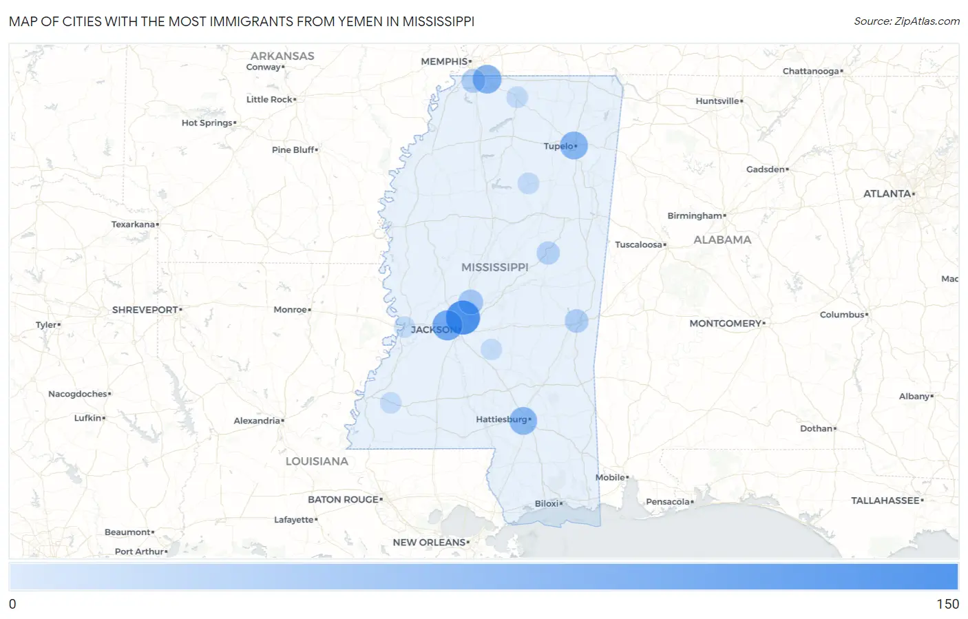 Cities with the Most Immigrants from Yemen in Mississippi Map