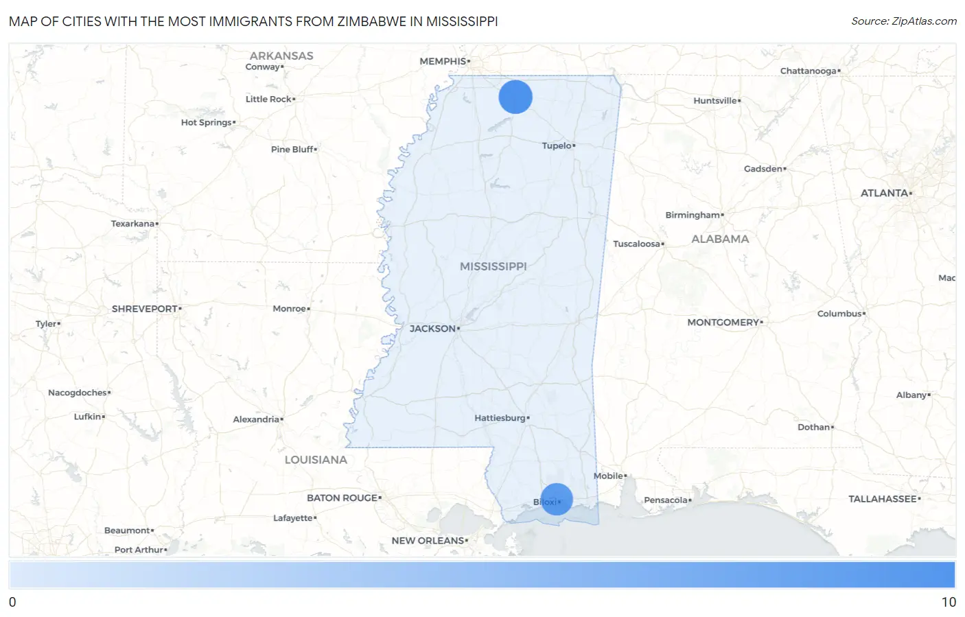 Cities with the Most Immigrants from Zimbabwe in Mississippi Map