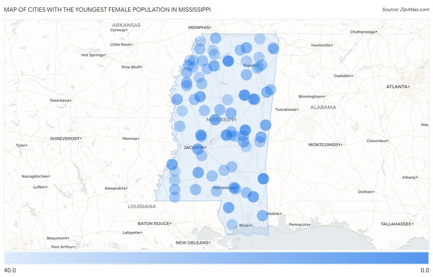 Cities with the Youngest Female Population in Mississippi Map