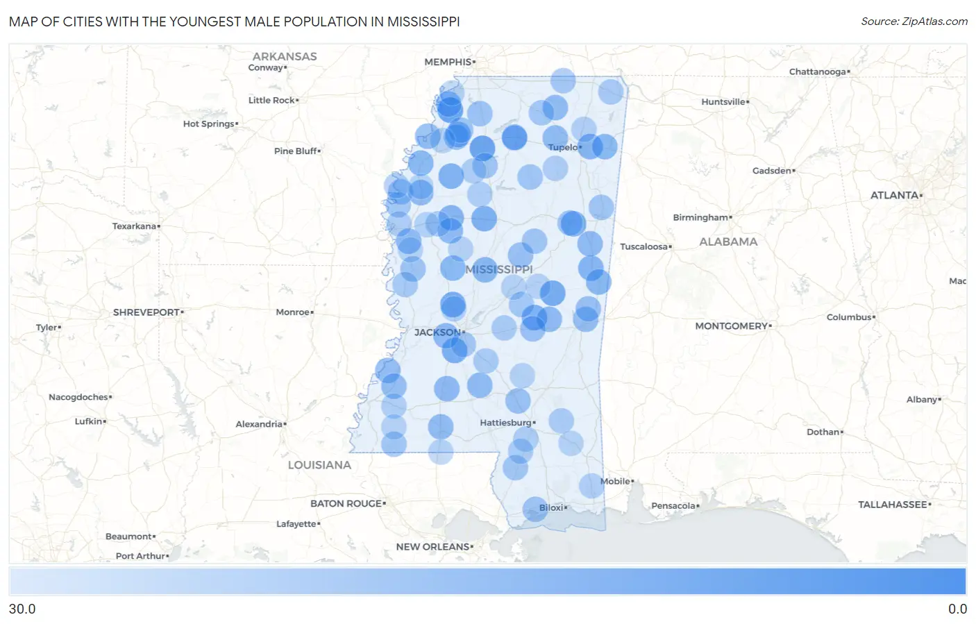 Cities with the Youngest Male Population in Mississippi Map