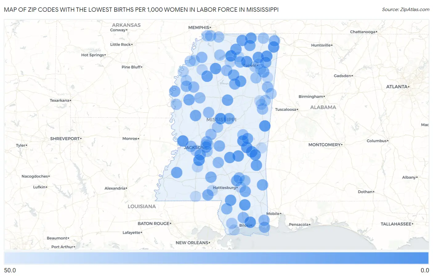 Zip Codes with the Lowest Births per 1,000 Women in Labor Force in Mississippi Map