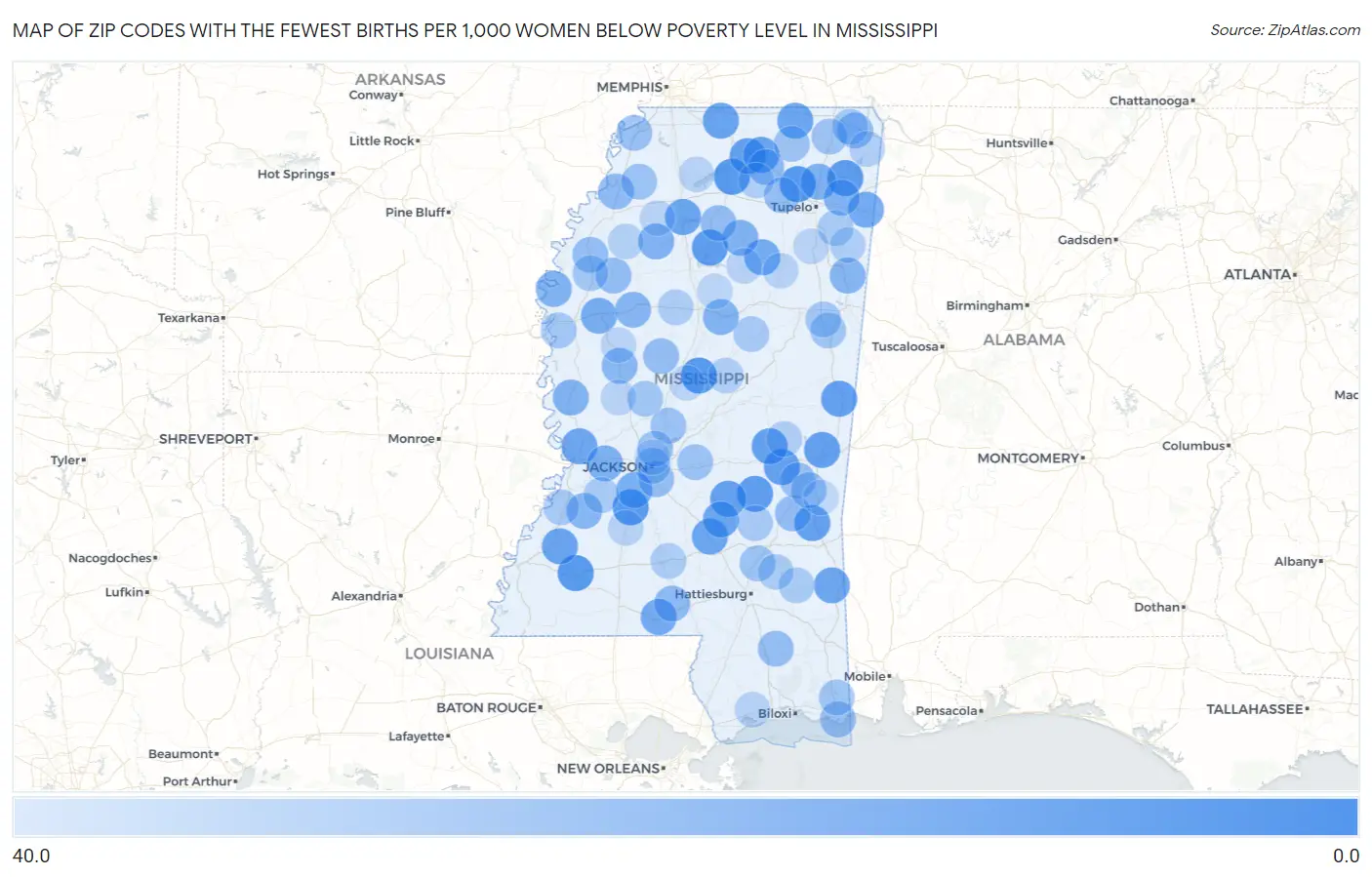 Zip Codes with the Fewest Births per 1,000 Women Below Poverty Level in Mississippi Map