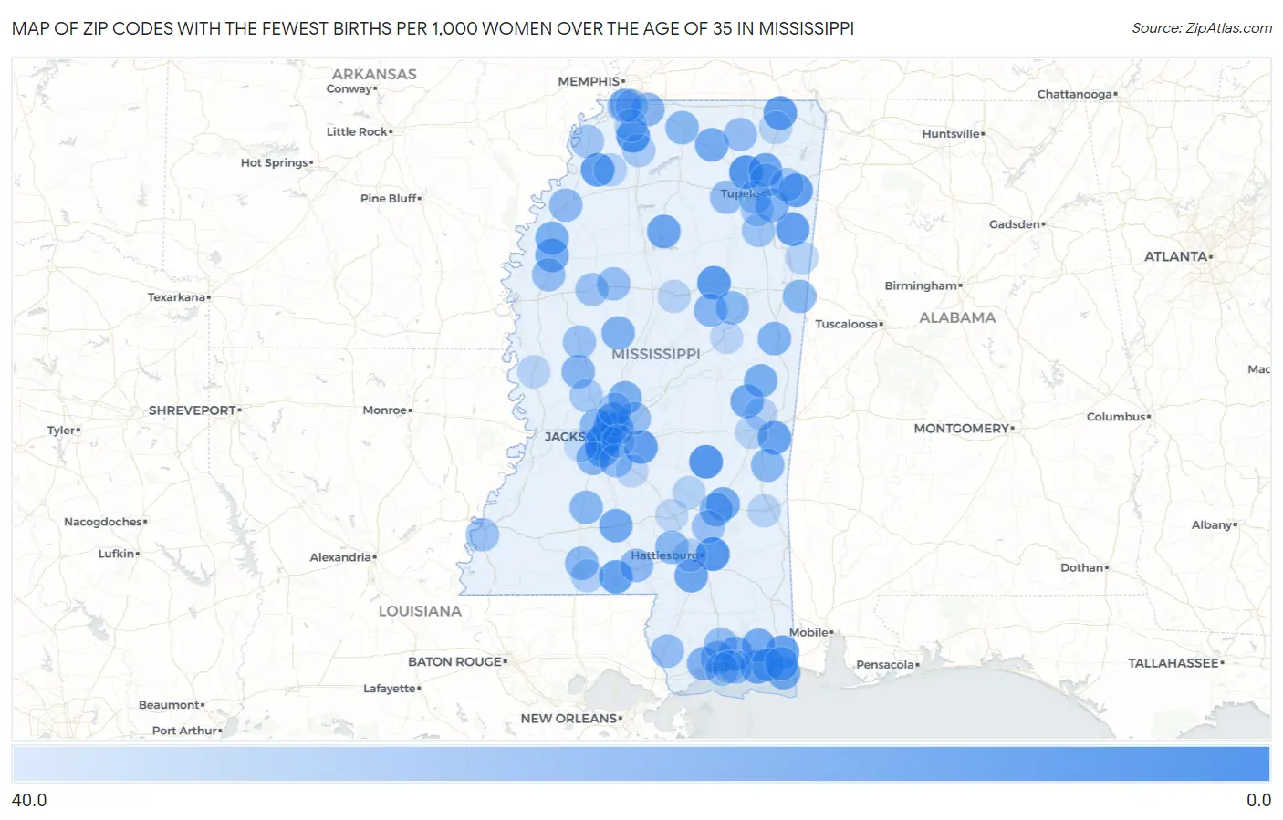 Zip Codes with the Fewest Births per 1,000 Women Over the Age of 35 in Mississippi Map