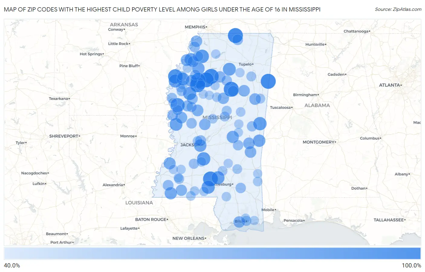 Zip Codes with the Highest Child Poverty Level Among Girls Under the Age of 16 in Mississippi Map