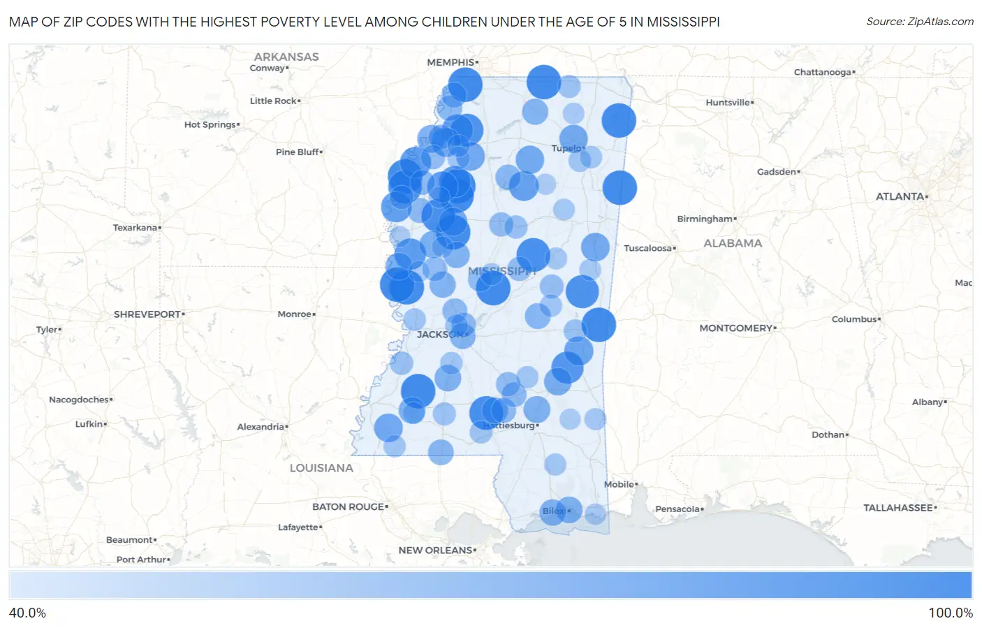 Zip Codes with the Highest Poverty Level Among Children Under the Age of 5 in Mississippi Map