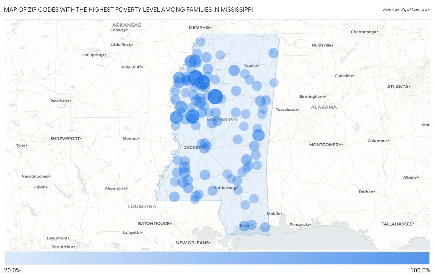 Zip Codes with the Highest Poverty Level Among Families in Mississippi Map