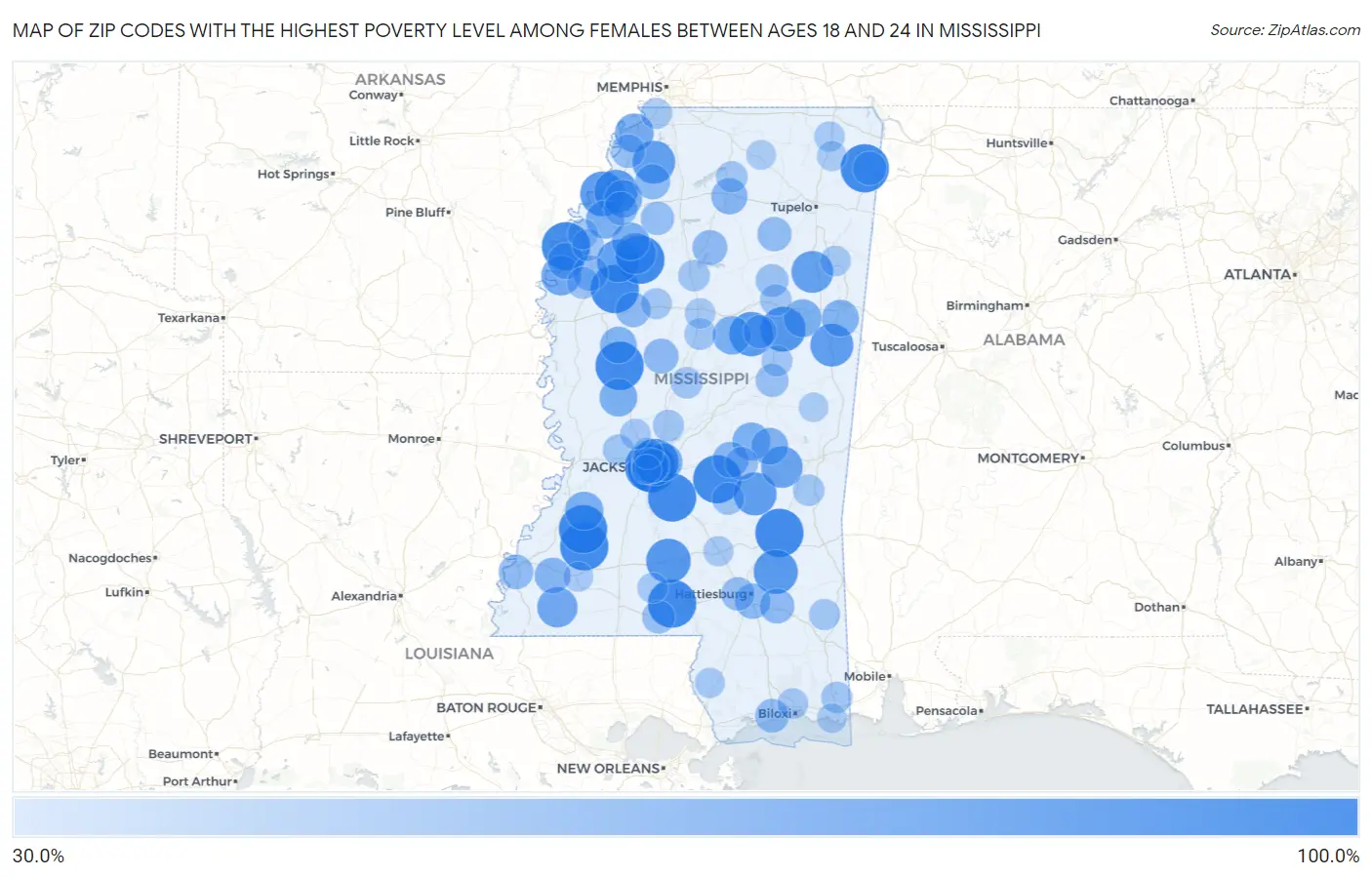 Zip Codes with the Highest Poverty Level Among Females Between Ages 18 and 24 in Mississippi Map