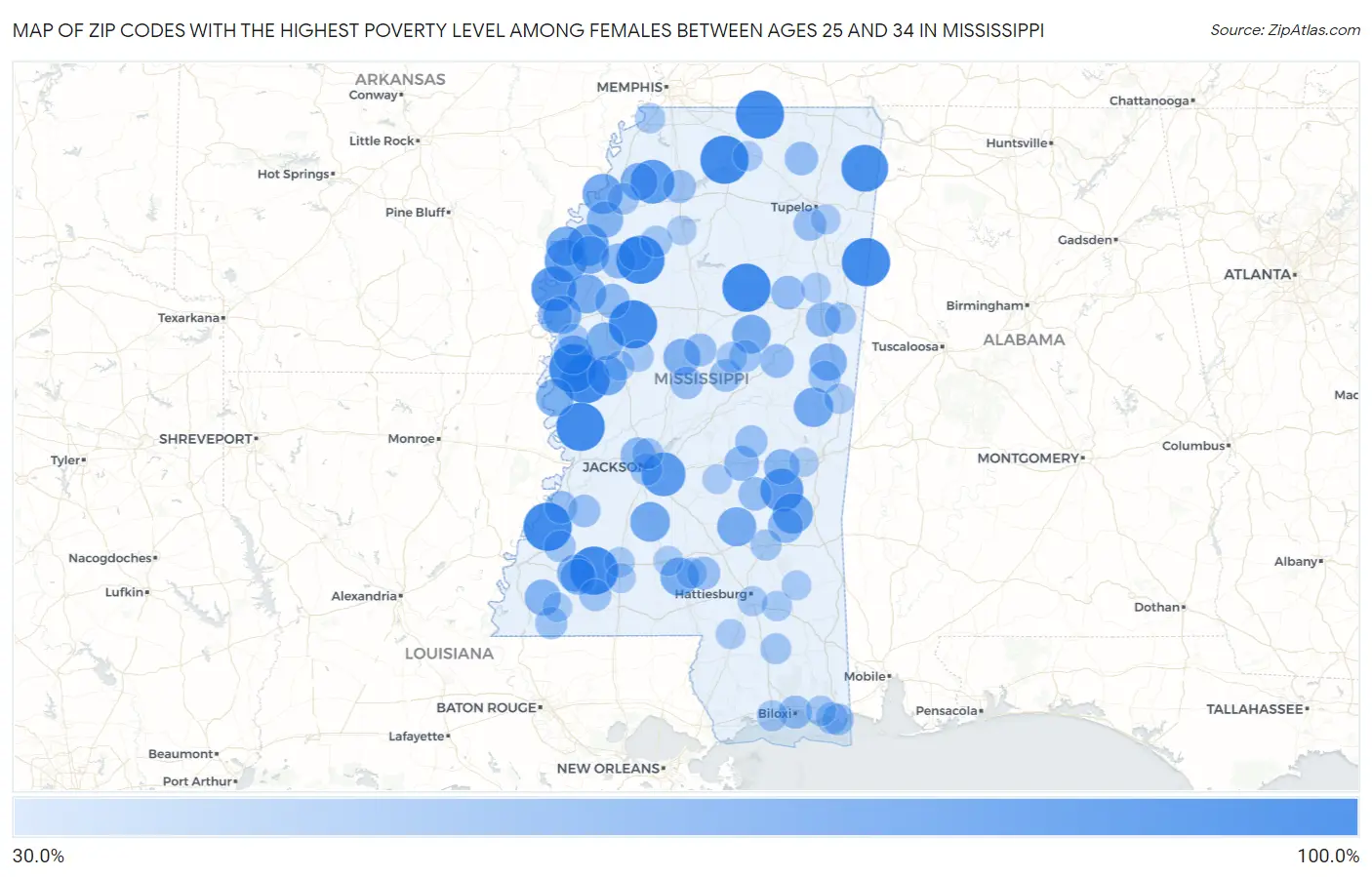 Zip Codes with the Highest Poverty Level Among Females Between Ages 25 and 34 in Mississippi Map