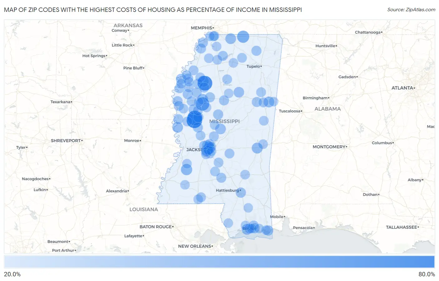 Zip Codes with the Highest Costs of Housing as Percentage of Income in Mississippi Map