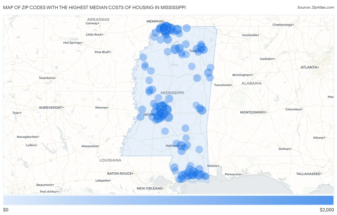 Zip Codes with the Highest Median Costs of Housing in Mississippi Map