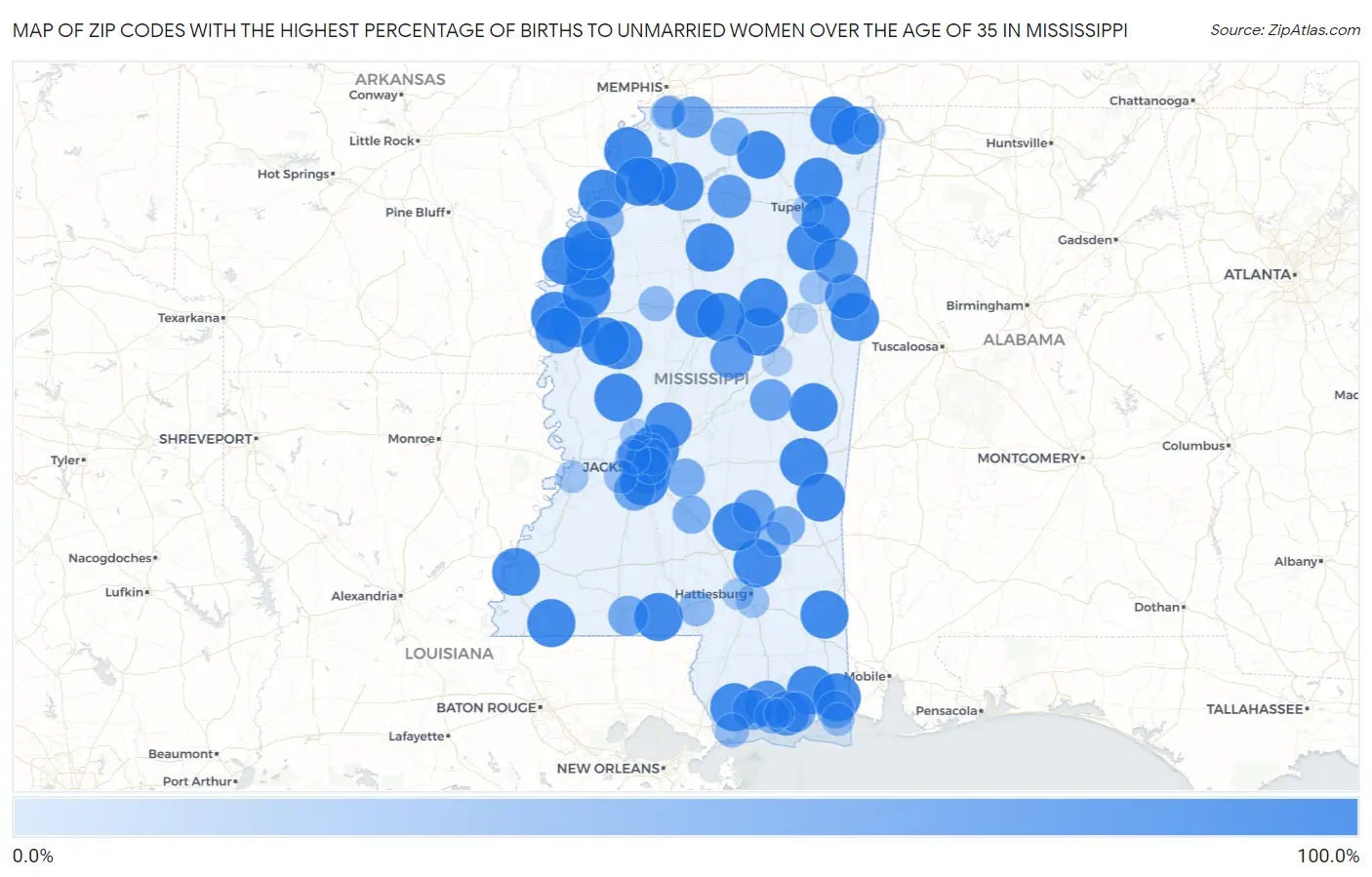 Zip Codes with the Highest Percentage of Births to Unmarried Women over the Age of 35 in Mississippi Map