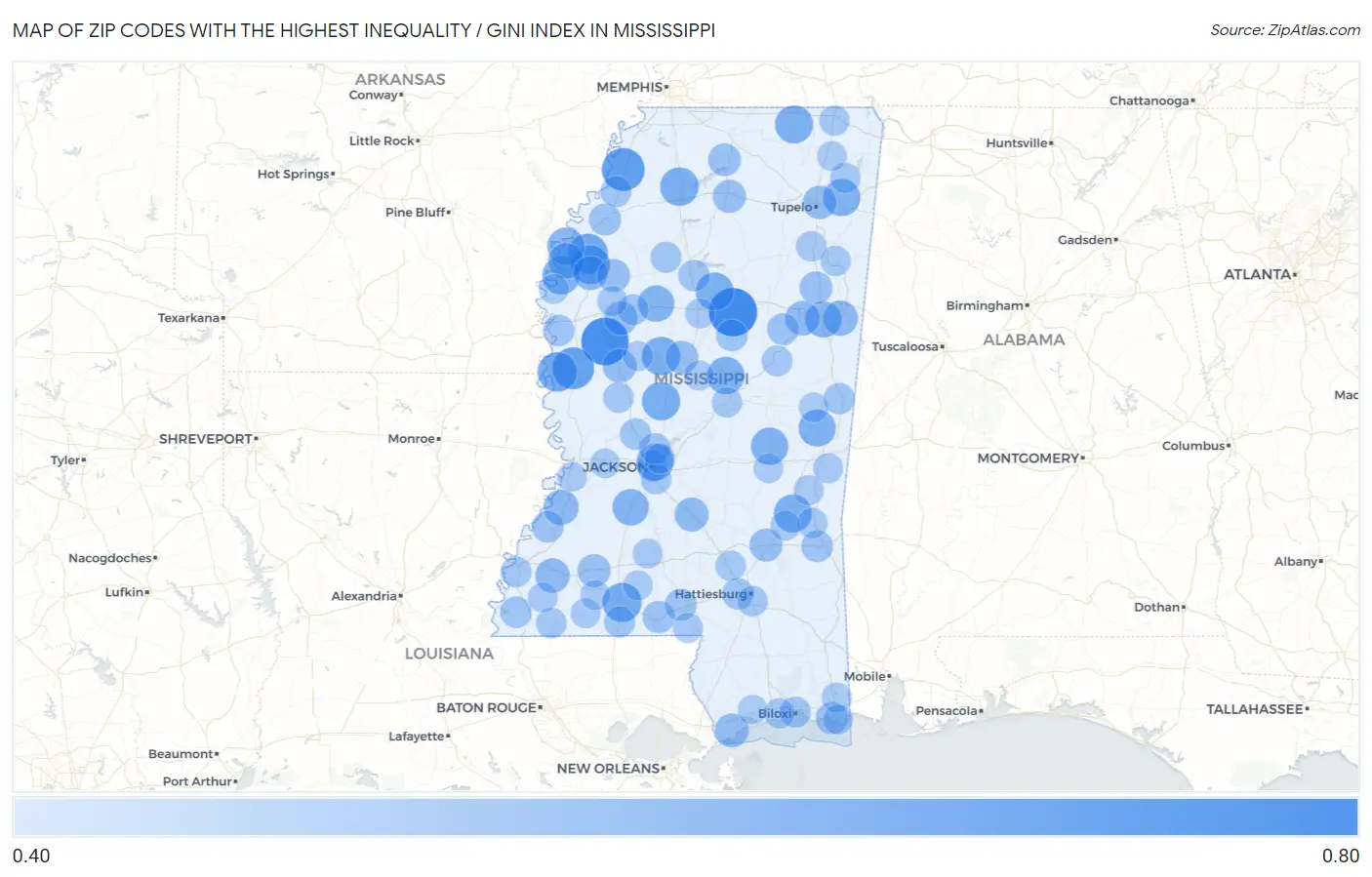 Zip Codes with the Highest Inequality / Gini Index in Mississippi Map