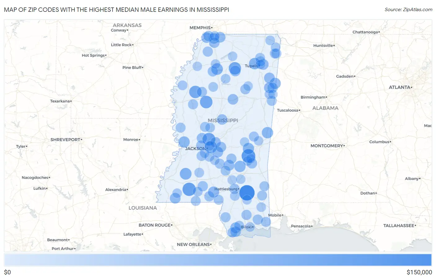 Zip Codes with the Highest Median Male Earnings in Mississippi Map