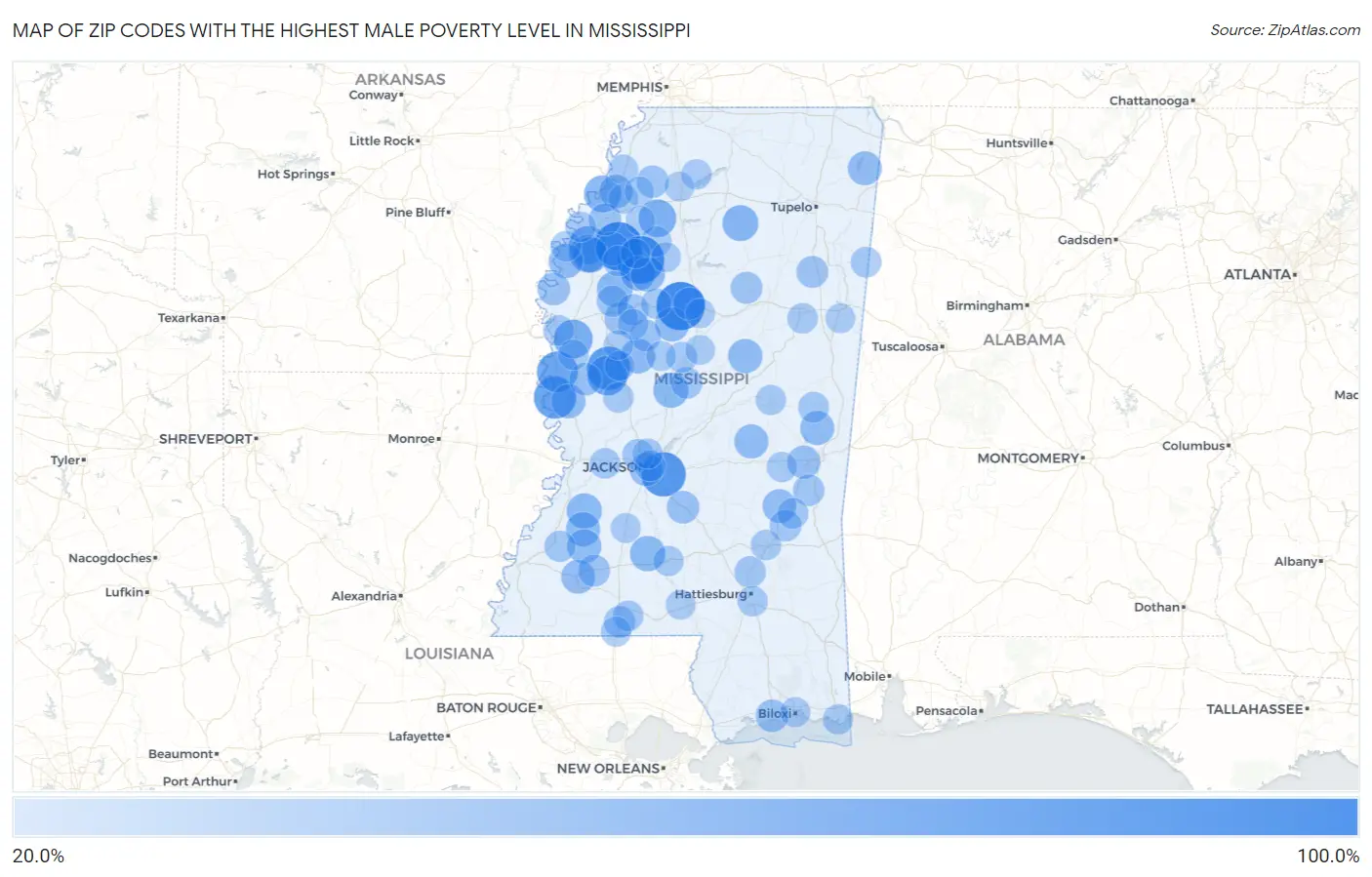Zip Codes with the Highest Male Poverty Level in Mississippi Map