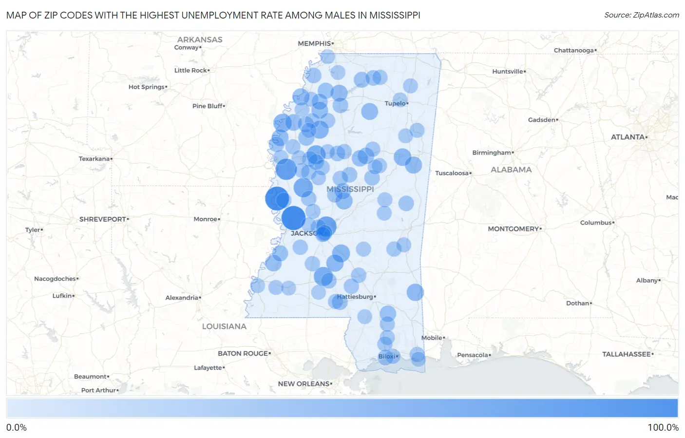 Zip Codes with the Highest Unemployment Rate Among Males in Mississippi Map