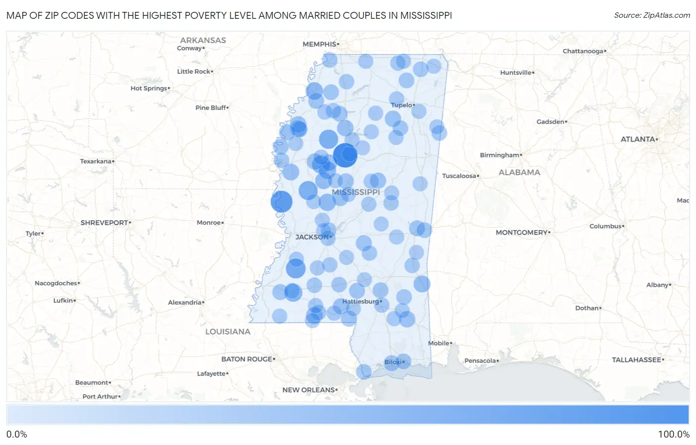 Zip Codes with the Highest Poverty Level Among Married Couples in Mississippi Map