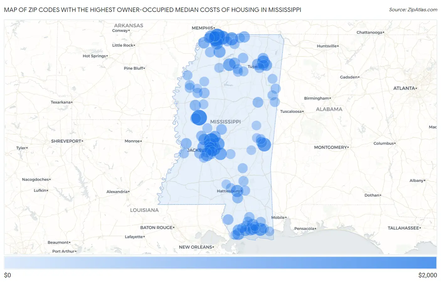 Zip Codes with the Highest Owner-Occupied Median Costs of Housing in Mississippi Map