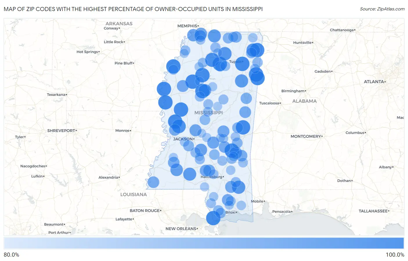 Zip Codes with the Highest Percentage of Owner-Occupied Units in Mississippi Map
