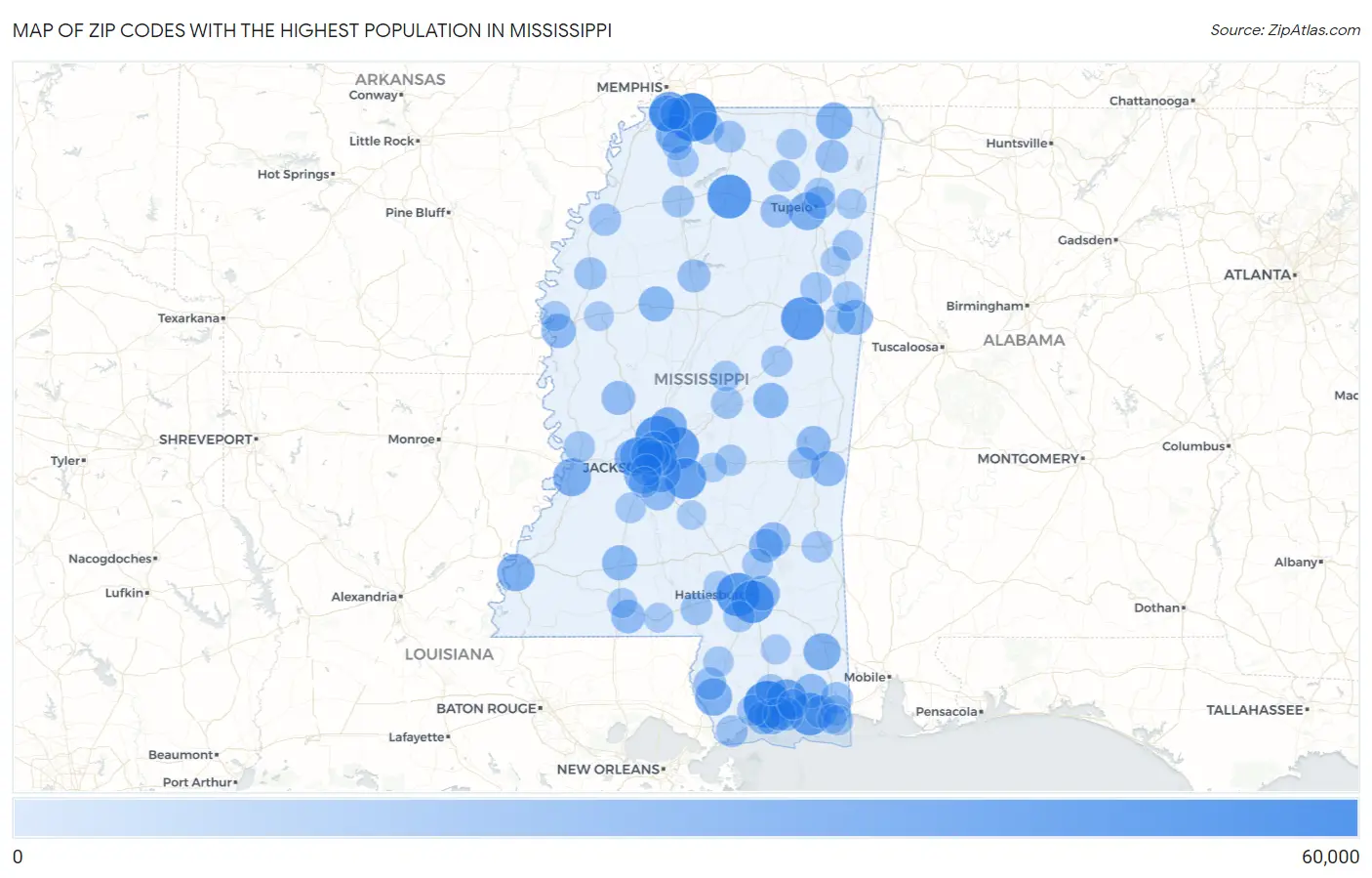 Zip Codes with the Highest Population in Mississippi Map