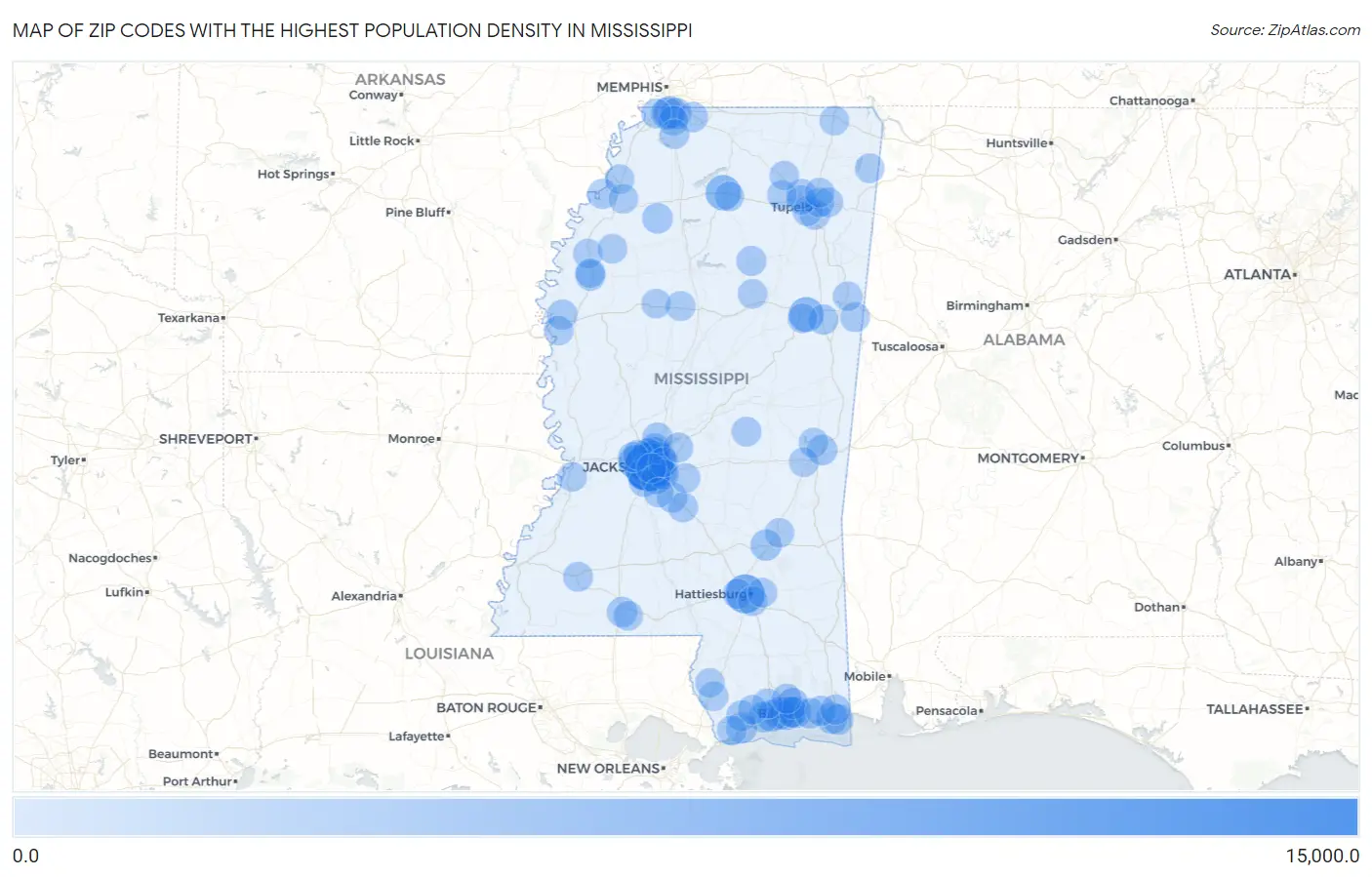 Zip Codes with the Highest Population Density in Mississippi Map
